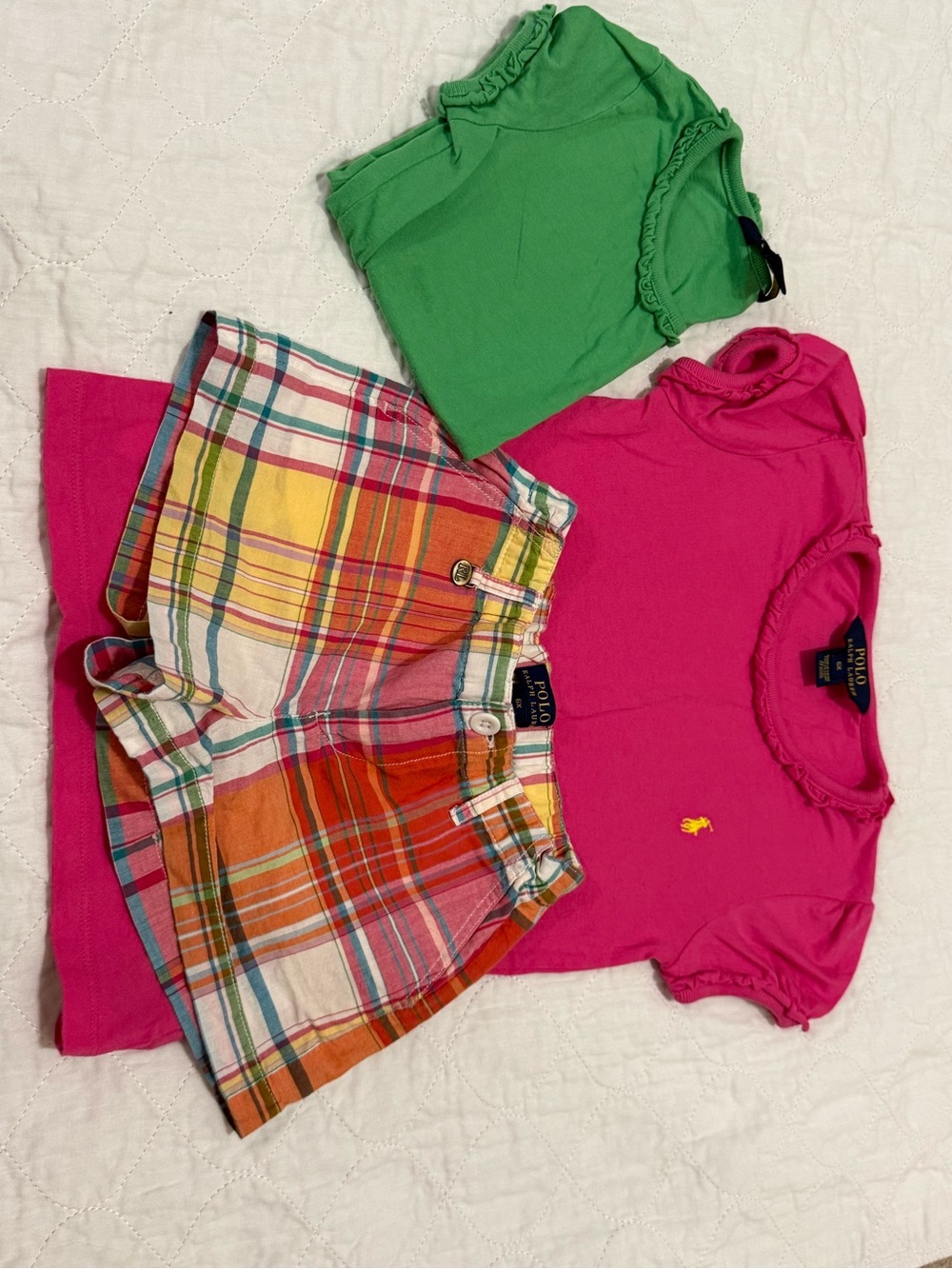 Ralph Lauren Hot Pink Polo Tee with Multicolor Plaid Shorts and Green Ruffle Top